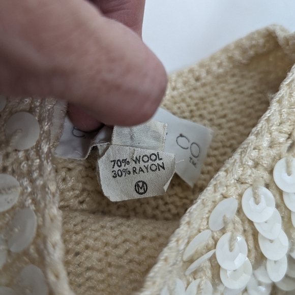 Vintage E. Haas & Co Sequin Wool Top Open Back Puff Sleeve Cream Rare Find Sze M - Picture 5 of 13